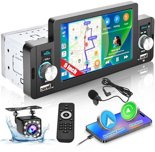 Hikity 1 Din Autoradio Carplay Android Auto Wired 5'' Bildschirm Touchscreen Radio, Rückfahrkamera mit Lenkradfernbedienung, Mirror Link, FM BT SWC USB AUX EQ Mic