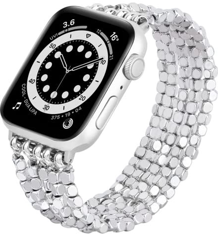 VISOOM Armband Kompatibel mit Apple Watch Armband 38mm/40mm/41mm 42mm/44mm/45mm Glitzer Schmuck Perlen Elastisch Ersatz iWatch Armband für Series 8/7/SE/6/5/4/3/2/1 Damen,38/40/41mm Silber
