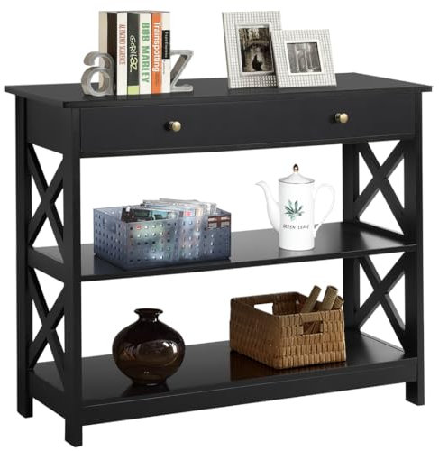 Yaheetech Table Console, Table d'Entrée en Bois à 3 Niveau avec 1 Tiroir, 100 x 30 x 80 cm, Pied en Bois Massif, Style Néo-rétro pour Salon Couloir Noir