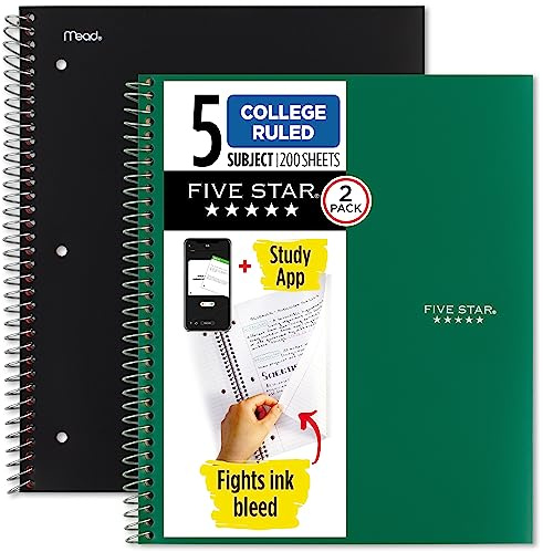 Five Star Spiralnotizbücher + Lern-App, 2 Stück, 5 Fächer, College-Papier, 21,6 x 27,9 cm, 200 Blatt, bekämpft Tintenverlauf, wasserabweisender Einband, schwarz, grün (820190)