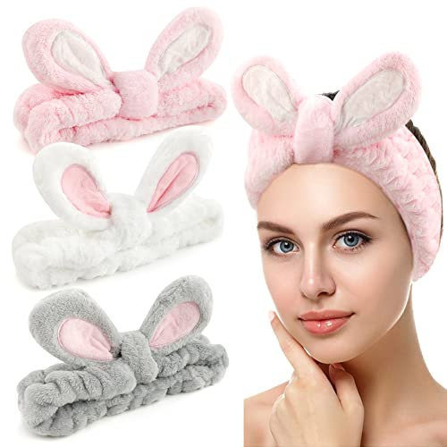 3 Stück Haarband Schminken, Make Up Haarband, Elastische Korallen Fleece Haarbänder, Kosmetik Haarband, Hasenohren Haarband für Beauty Waschen Gesicht Spa Yoga