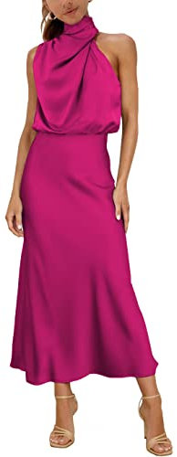 MIRGLER Robe longue élégante et formelle à col montant en satin élastique taille haute pour femme, Robe Cérémonie, rose vif, Taille L