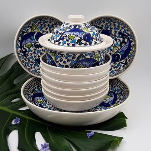 Blue Fish Couscous Plate Bowl Set - 8 People