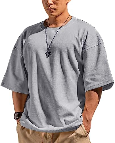 Herren Basic Kurzarm Waffel Sweatshirt Lockere Trainieren Zur Seite fahren Rundhalsausschnitt Shirt Grau M