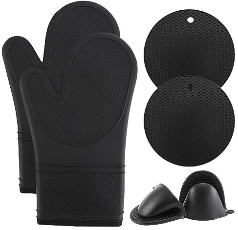 COOK WITH COLOR Silicone Oven Mitts- Heat Resistant Gloves with Soft Quilted Lining Oven Mitt Pot Holders for Cooking and BBQ, Black, Mitt Set