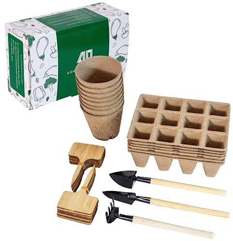 Seedling Starter Kit, reduces transplant root shock, with drainage holes & 100% recycled materials. Fully biodegradeable, 10 round pots, 6 trays with 12 seed cells, 20 wood labels, 3 planting tools