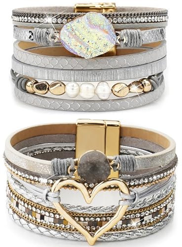Suyi Multilayer Leather Bracelet Set 2 Pieces Beads Wrap Bracelet Wrist Cuff Bangles with Magnetic Buckle for Women Heart Silver 11