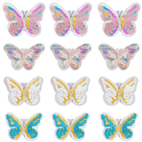 INFUNLY 12 Stück Pailletten-Schmetterlings-Aufnäher Zum Aufnähen, Bunte Schmetterlings-Aufnäher, Cartoon-Insekten-Applikation, Zum Aufbügeln, Rosa, Blauer Schmetterling, Stickerei-Aufnäher, Abzeichen