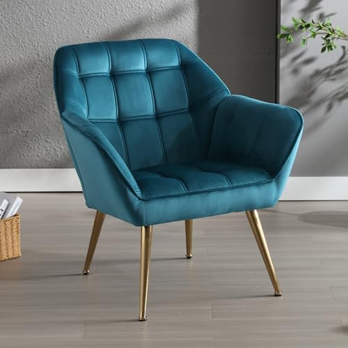 Wahson Sessel Wohnzimmer gepolsterter Ohrensessel mit Metallbeinen moderner Armlehnstuhl, Samt, Blau