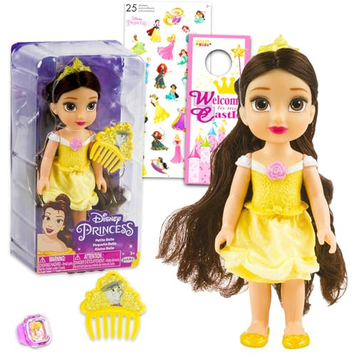 Disney Princess Belle Puppe und Kamm Set - Die Schöne und das Biest Spielzeug-Bündel mit Belle-Puppe für Mädchen plus Aufkleber, mehr | Prinzessin 15,2 cm zierliche Figur für Kinder, Kleinkinder