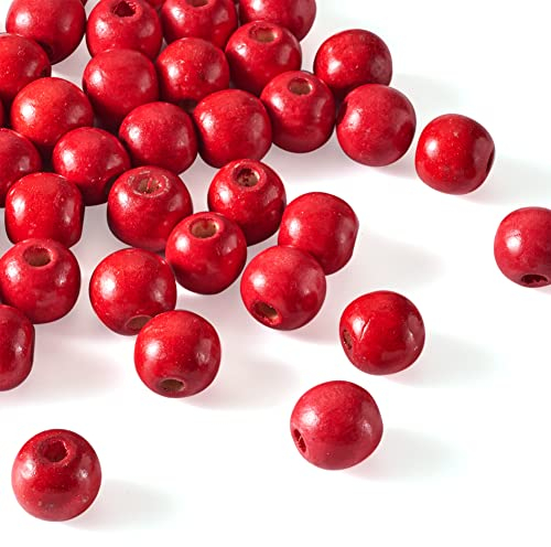 Cheriswelry 300 Stück 10 mm Naturholzperlen – rot gefärbte runde Kugel aus Holz für Schmuckherstellung – Loch: 3 mm