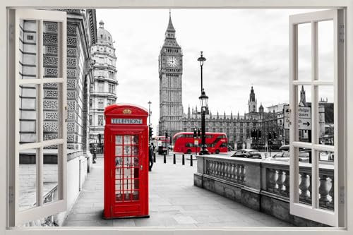 HUBDECO - Wandtattoo - Wanddeko - Selbstklebende Folie - Fototapete - Wandsticker - Fototapete 3d Effekt - Selbstklebende Tapete - Fenster & Stadt Motiv - London, BIG BEN, Straße - 150x100cm