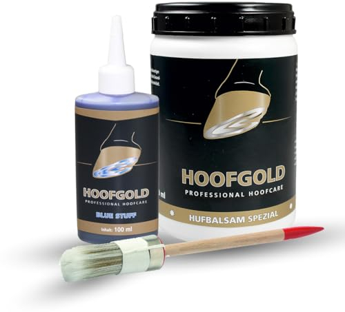 HOOFGOLD Set Hufbalsam Spezial & Bluestuff, effektive Strahlfäule Pferd Mittel, Huffett Pferde Hufpflege trockene Hufe und Hufspalten, Pferdepflege Huföl Oel Balsam 980 ml Hufbalsam & 100 ml BlueStuff