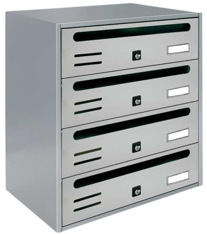 ALUBOX CUBO Briefkastenanlage 4 Fächer 43x38,5x25 cm aus Verzinktem Blech Horizontale Briefkastenanlage für Innen- und Geschützten Außenbereich (Silber RAL 9006)