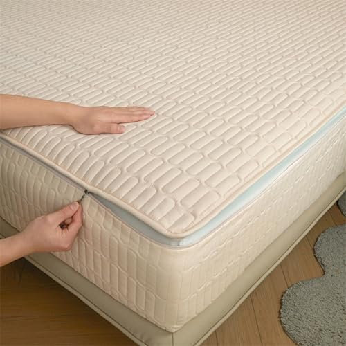 Coprimaterasso con Cerniera Fodera Materasso Matrimoniale/Singolo 160x190/200 Personalizzabile Copri Proteggi Materasso Topper Trapuntato A Cinque Lati Lavabile Imbottito Lenzuolo (160x190+30cm,Beige)