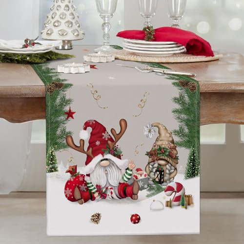 Bonhause Tischläufer Weihnachten GNOME Tischläufer Kiefernzweige Winter Küche Esstisch Dekoration für Drinnen Draußen Urlaub Party Waschbar Wohnkultur Tafeltuch (33 x 183 cm)
