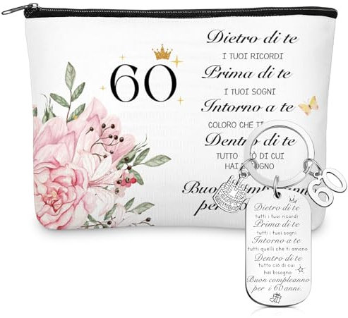 Xuniea Regalo per il 60° Compleanno per le Donne 60° Borsa per Cosmetici da Donna e un Portachiavi Idea Regalo per il Compleanno di Donne, Mogli, Madri, Nonne, Amiche(Number 60)