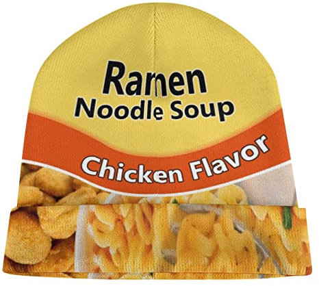Oudrspo Ramen-Mütze mit Hühnergeschmack, Ramen-Nudeln, Kopfbedeckung für Krebspatienten, gestrickte Totenkopfmütze, lustige Pullovermütze mit aufrollbarem Rand und Bündchen für Damen und Herren