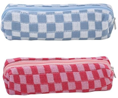 2 Stück Gestricktes Federmäppchen Mit Schachbrettmuster, Federmäppchen Mit Reißverschluss, Tragbare Schreibwarentasche, Mehrzweck-Aufbewahrungstasche Mit Reißverschluss