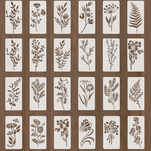 24PCS 6x3inch Stencils for Painting on Wood, Reusable Flower Stencils Small Wildflower Floral Paint Stencils for Painting on Wood Card Making Flower Templates on Wood Furniture Wall Rock Canvas Fabric