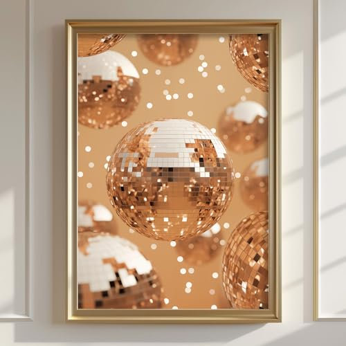BACKYMRJCART Trendige 70er-Jahre Discokugel-Wandkunst, Bild, ästhetische Drucke, goldene Discokugel-Poster, Dekoration, College, Wohnung, Poster, Barwagen, Leinwand, Retro-Kunst-Poster, 40,6 x 61 cm