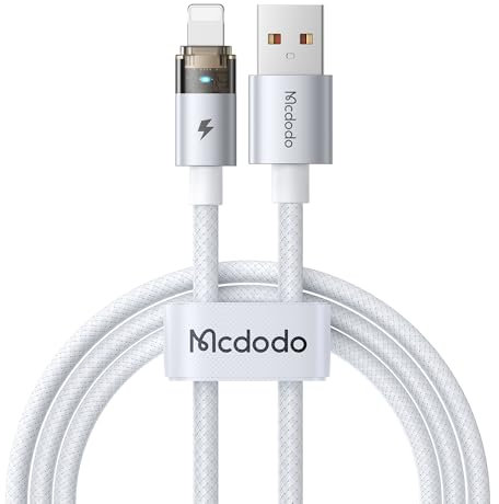 Mcdodo USB A to Lightning Charging Cable with Flashing Light 4ft, Nylon Braided USB Lightning Fast Charger Cable Fit for iPhone 14 13 12 11/Pro/ProMax/Plus, iPad, AirPods, iTouch(White)