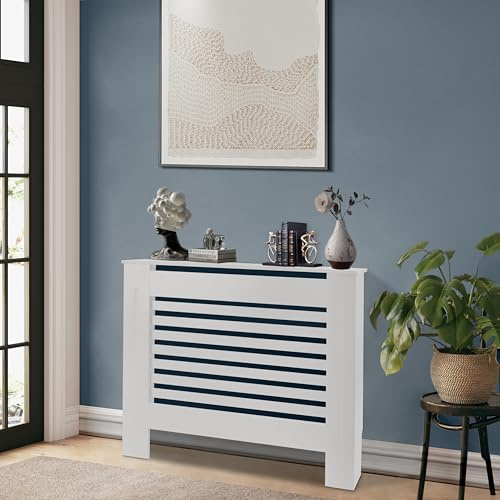 Wooden Radiator Cover Slatted Vertical Pattern Wood Small White 111x82x19cm