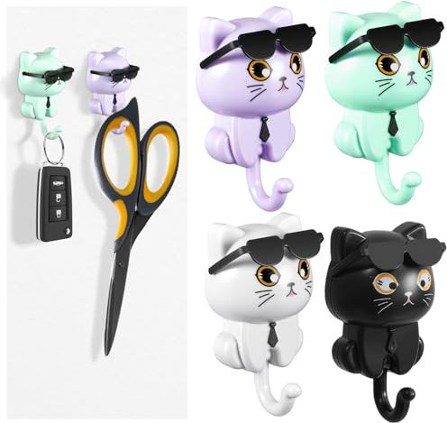 worahroe 4 Stück Katze Schlüsselhaken Selbstklebend Kleiderhaken Sonnenbrille Katze Schlüsselhalter Wand Kreativer schlüsselbrett ohne bohren Wandhaken für Schlüssel Taschen Schmuck Kleidung