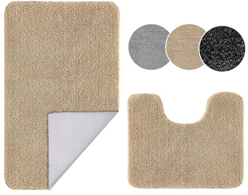 Ceneco Badezimmerteppich Set 2 Teilig Badematte Set Beige U40x50+50x80cm | Diese 2,5cm, Hervorragende Saugfähigkeit, Rutschfeste TPR-Unterseite, Maschinenwaschbar, Toilettenvorlage, Badewannenmatte