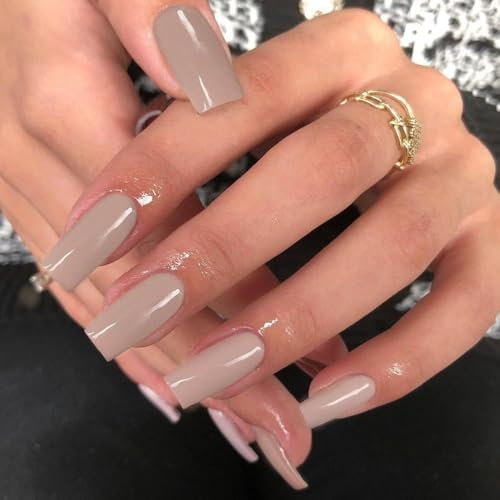 KQueenest Light Gray Press on Nails Long Square, Nude Brown False Nails Long Medium Coffin, Glossy Natural Solid Fake Nails Set, Reusable Gel Stick on Nail for Women Finger Daily Wear 24 Pcs
