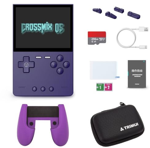 TRIMUIBRICK Handheld Game Console + Surwish CrossMix OS with ROMs 256G TF Card Game Controller Game Controller Tempered Film, 3.2 Inch Video Gaming Consoles for Family Indoor Games (Purple-256G)