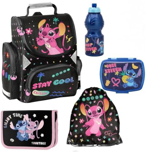 PASO- Schulranzen für Jungen und Mädchen, 3/5/7/14er-Set - Schul-Rucksack für Kinder mit Federmäppchen - Schuhbeutel - Stitch Motiv- 1-3 Klasse