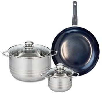 ELO 9716650 Batterie de cuisine 3 pièces, Ensemble de 1 Poêle de cuisson 28 cm et 2 faitouts 14 et 24 cm Elo Prima Brillant, inox, induction