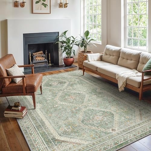 GENIMO Geometrischer Vintage Teppich Salbeibeige Waschbar 240x300 cm | Geometrisches Vintage-Medaillon in Salbeibeige, waschbar, pflegeleicht und rutschhemmend – für große Wohnbereiche.