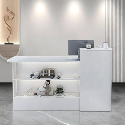Empfangstheke Mit Regal, Empfangstresen Großes Arbeitsbrett & Tastaturschublade,Holzwerkstoff Rezeptionstisch Mit Vitrine Für Büros, Geschäfte & Hotelrezeptionen(White-L,31.5)
