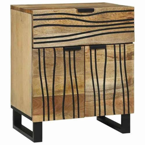 vidaXL Nachttisch Natur 50 x 33 x 60 cm Holzwerkstoff | Wellenmuster auf Schublade und Türen, Mit einer Schublade und zwei Türen, Aus solidem Mangoholz gemacht