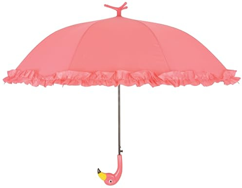 degawo Rosa Flamingo Regenschirm - Mit Flamingokopf als Griff - Rosa mit Rüschen - Steht von selbst - 98 x 98 x 80 cm - Aus Pongee-Seide, ABS, PP & Eisen - Für Kinder & Erwachsene