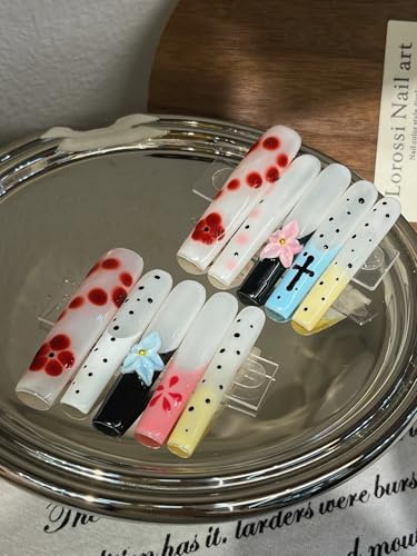 Lot de 10 faux ongles décoratifs à presser Motif floral Rouge et blanc (bleu, moyen)