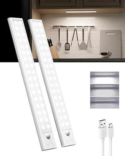 EZVALO 30cm Schrankbeleuchtung LED mit Bewegungsmelder - Kabellose Unterbauleuchte mit 2200mAh & USB für Küche in Kaltlicht, Schrankleuchte & Schranklicht - Für Kleiderschrank und Treppe - 2 Stück