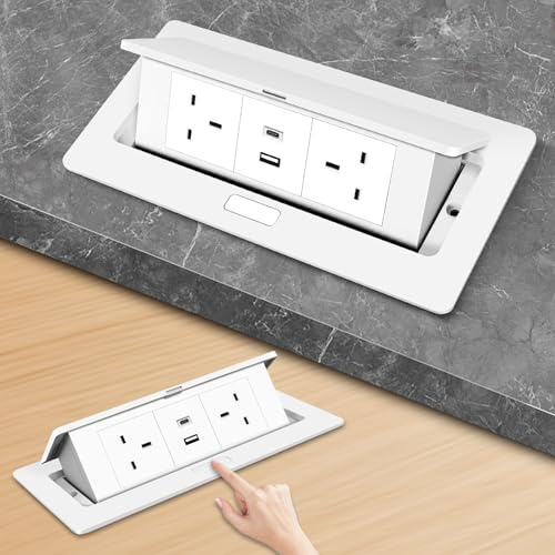 Desktop Power Socket with USB C, Pop Up Electrical Outlet Cover Box, Recessed Aluminum Power Strip with 2 UK Plug, Hidden Pop Up Desk Sockets for Kitchen Worktops, Office, Conference Table (White)