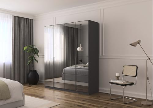 Rauch Möbel Skyla, Kleiderschrank, Farbe Grau metallic, Breite 181 cm | Schrank, 4-türig, mit Grauspiegel, für Schlafzimmer, Kinderzimmer, Jugendzimmer, Wohnzimmer, Garderobe, Flur