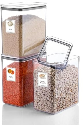 Ginza Maison 3er 2,6 L Set Vorratsdosen mit Deckel Luftdicht - Frischhaltedosen mit Etiketten, BPA-Frei, Aufbewahrungsbox Küche für Müsli, Mehl, Zucker, Kunststoff, Kühlschrank & Vorratskammers