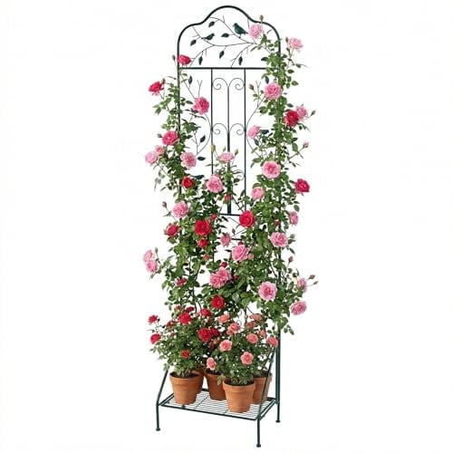 HOMASIS Traliccio per Rampicanti da Esterno con Ripiano Pieghevole, Grigliato per Recinzione in Metallo Antiruggine, Graticcio Decorativo per Piante Clematide Rose, 50 x 190 cm (1, Verde)
