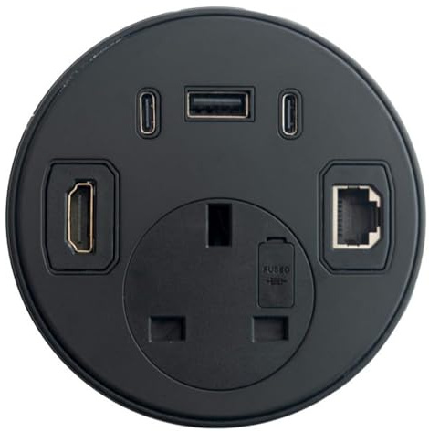 kenable Desk Grommet Power Socket with USB-C 45W PD, USB-A, HDMI 2.0, RJ45 Ethernet, 80mm Fitting, 2.5m Cable - Black