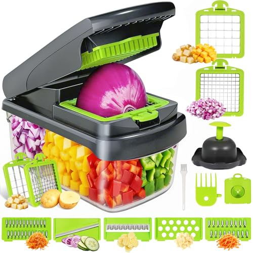 ANVINKU Gemüseschneider 14-in-1, Multifunktionaler Mandoline Gemüsehobel | Vegetable Chopper mit 7 Einsätzen & Aufbewahrungsbox, Gemüse Zerkleinerer Würfel mit Handschuh, Reinigungsbürste und Schäler