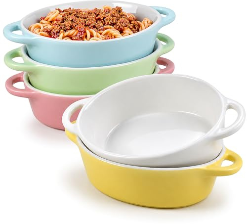 5 Pack Oval Porcelain Ramekins 10 oz Oven Safe Souffle Dishes with Double Handles, Ceramic Creme Brulee Baking Bowls for Dessert, Pudding, Pot Pie, Dip and Side Dishes, 5 Colours
