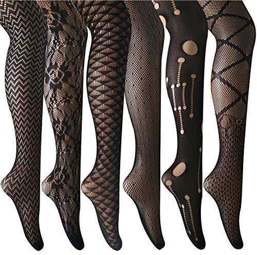ANDIBEIQI Collants Bas Résille 6 Paires Femmes Hollow Collant extensible filet élastique confortable noir/motifs fleurs, 6 Noir, Taille unique