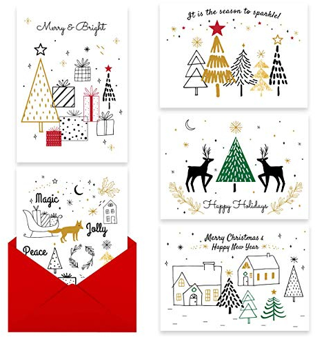 MPFY Weihnachtskarten, Goldfolie, 25 Stück mit Umschlag und 1 Goldmarker, 5 einzigartige Designs, Weihnachtskarten verpackt, Weihnachtskarte, Bulk, Grußkarten, Happy Holidays Karten, Xmas