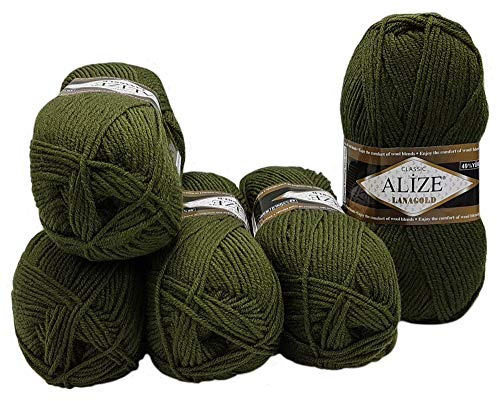 Alize Lanagold 5 x 100g Strickwolle mit 49% Wolle 500 Gramm Wolle einfarbig (Dunkel grün (29))