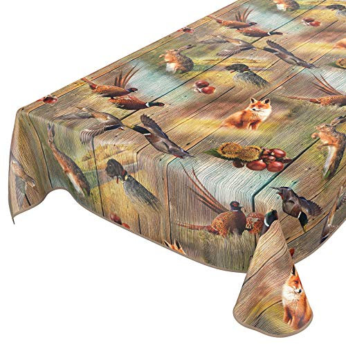 ANRO Wachstuch Tischdecke abwaschbar Wachstuchtischdecke Wachstischdecke Jagt Wild Jäger Motiv Holz 140x140cm mit Saum - Eingefasst